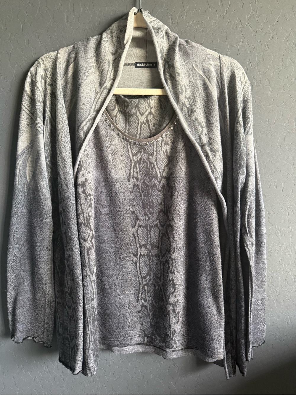 David Cline Gray Snake-Print Open Cardigan with Matching Tank